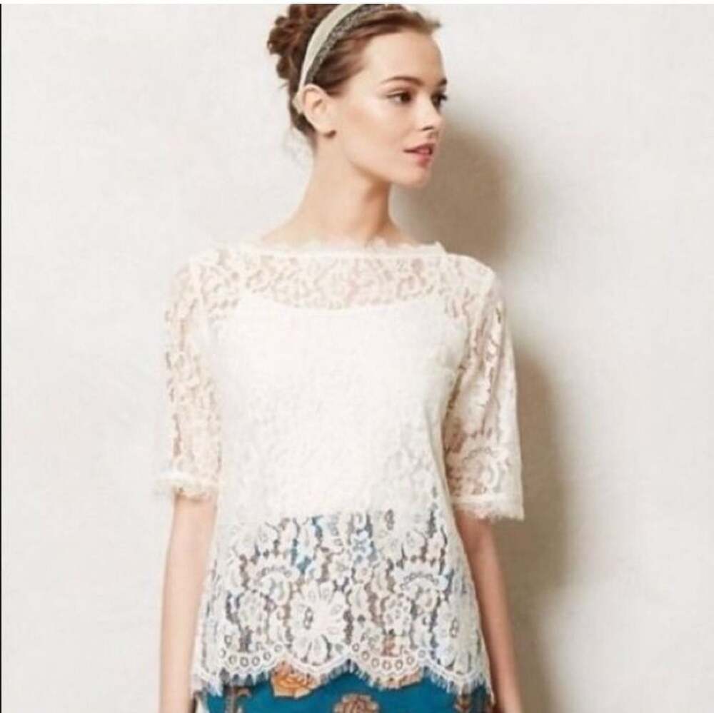 Anthropologie Blouse Vanessa Virginia Top Lace Blouse Floral Blouse XS Cream